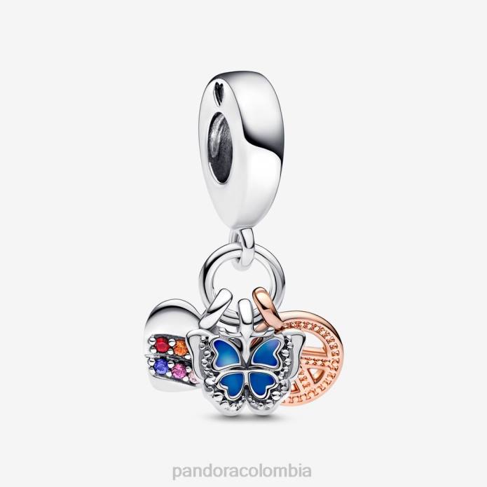 Pandora Charm colgante triple con forma de corazón arcoíris, mariposa y paz Dos tonos J2LX240 accesorios