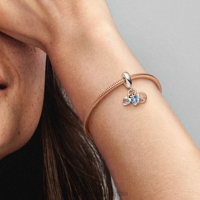 Pandora Charm colgante triple con forma de corazón arcoíris, mariposa y paz Dos tonos J2LX240 accesorios