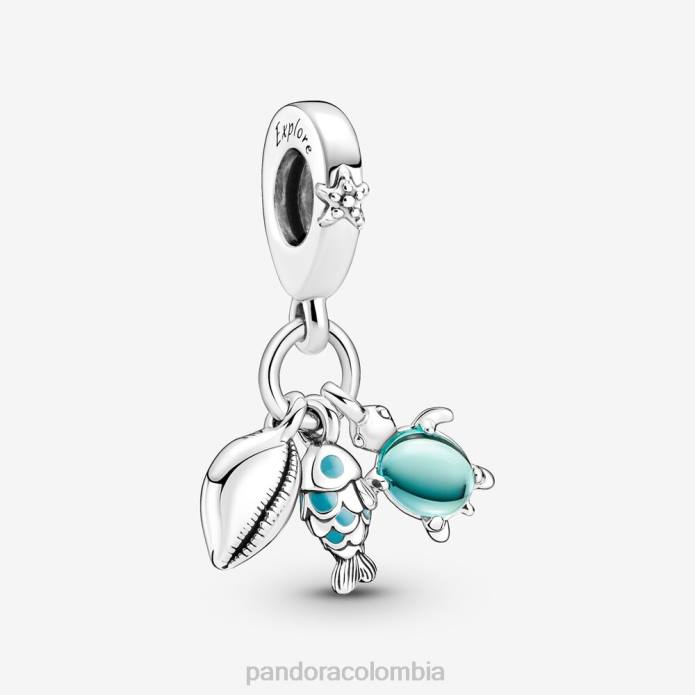 Pandora Charm colgante triple con pez, tortuga marina y caracol Plata esterlina J2LX157 accesorios