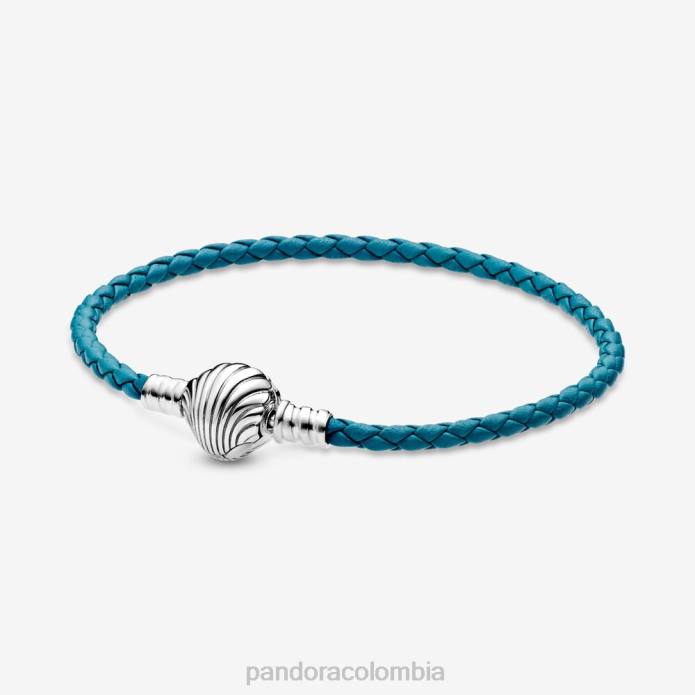Pandora Moments pulsera de cuero trenzado turquesa con cierre de concha Plata esterlina J2LX350 accesorios