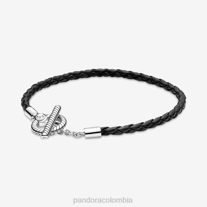 Pandora pulsera con barra en T de cuero trenzado Moments Plata esterlina J2LX433 accesorios