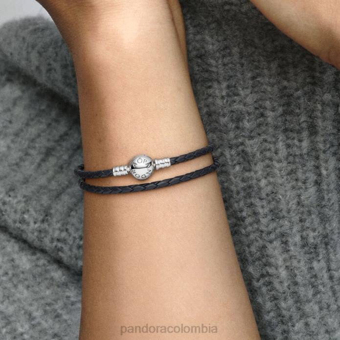 Pandora pulsera de cuero doble momentos plata esterlina/negro J2LX367 accesorios