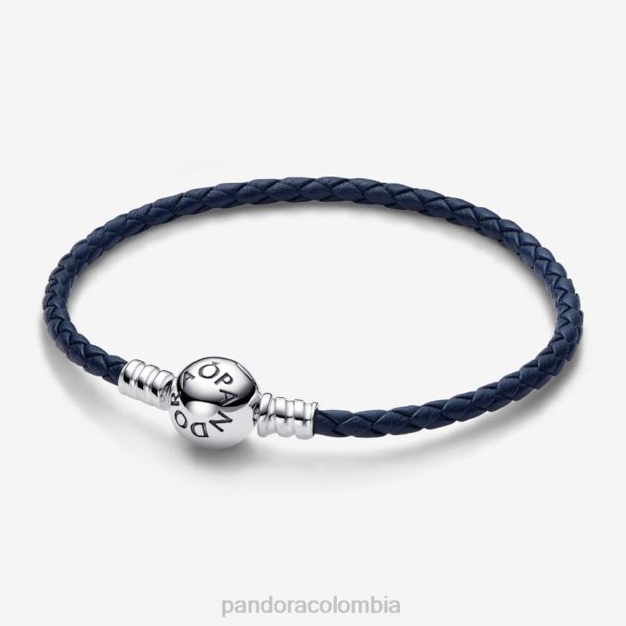 Pandora pulsera de cuero trenzado con cierre redondo Moments plata esterlina/azul J2LX363 accesorios