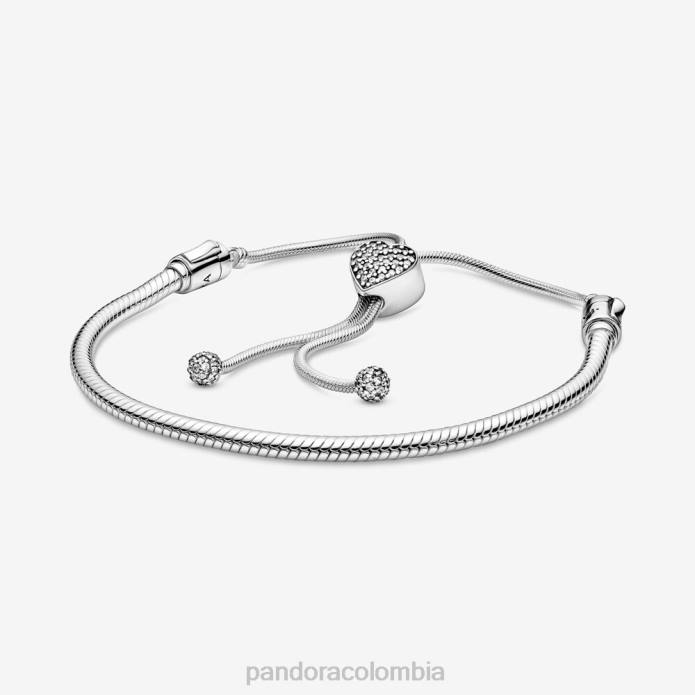 Pandora Moments pavimenta la pulsera deslizante con cadena de serpiente y cierre de corazón Plata esterlina J2LX434 accesorios