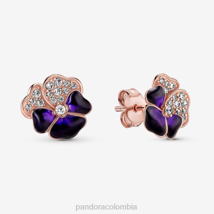 Pandora aretes de flor de pensamiento de color morado oscuro Oro de Rose plateado J2LX949 accesorios